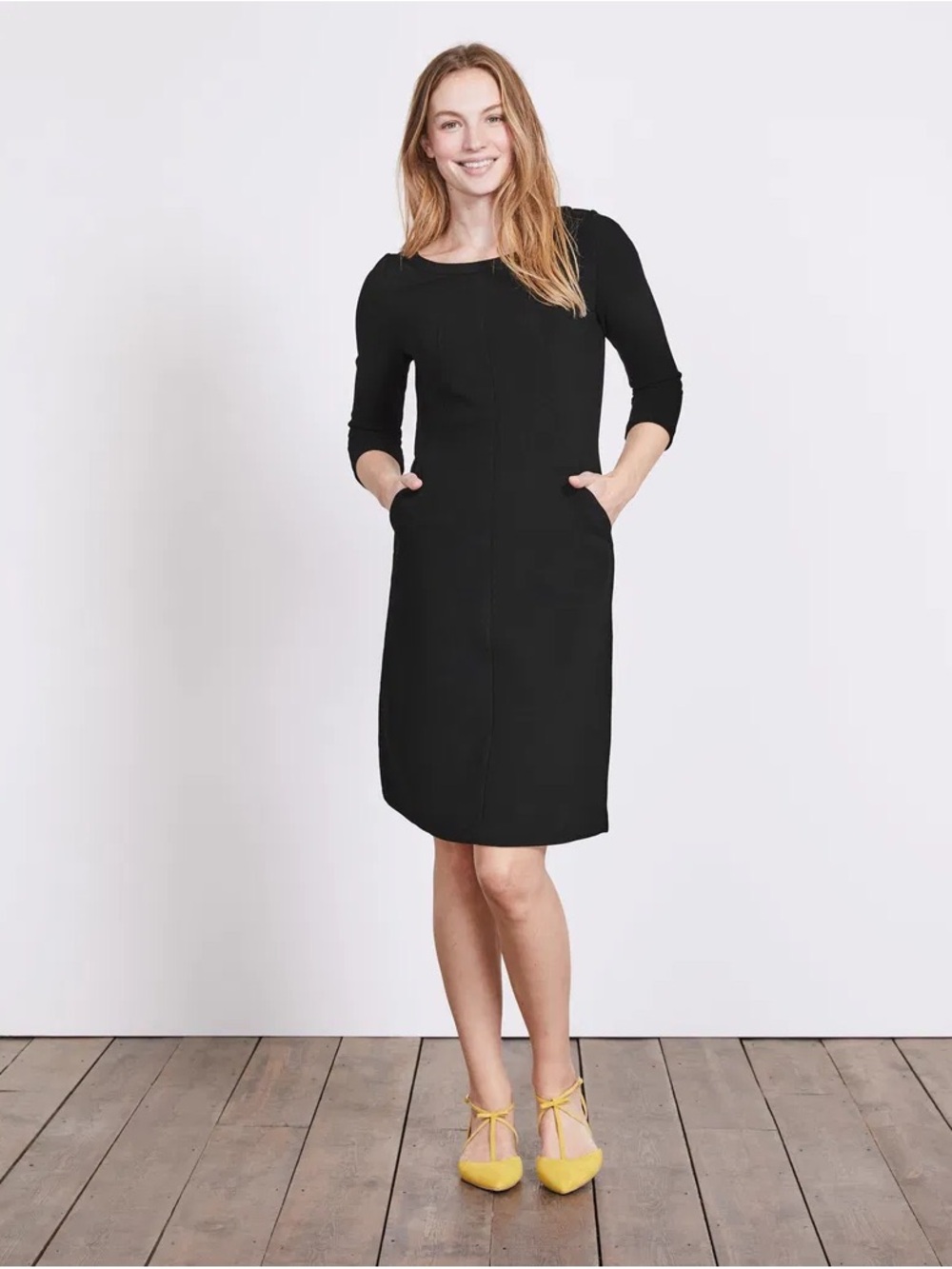 Boden Hannah Jersey Shift Dress Ottoman Ribbed Black Stretch Pockets US 4 R LBD
